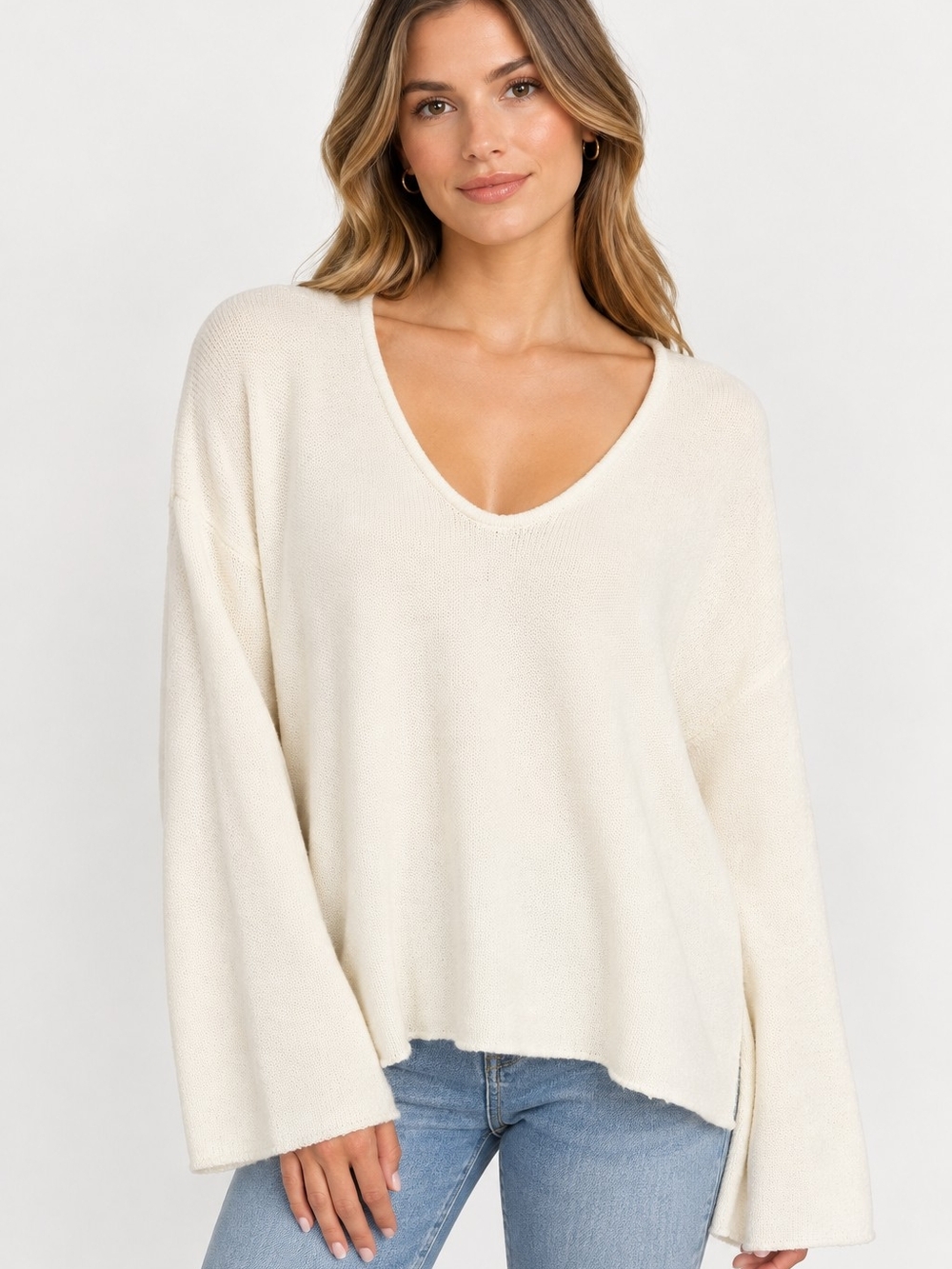 NWT Zara Sz L Oversized Cream V-Neck Knit Sweater Minimalist Cozy Fall